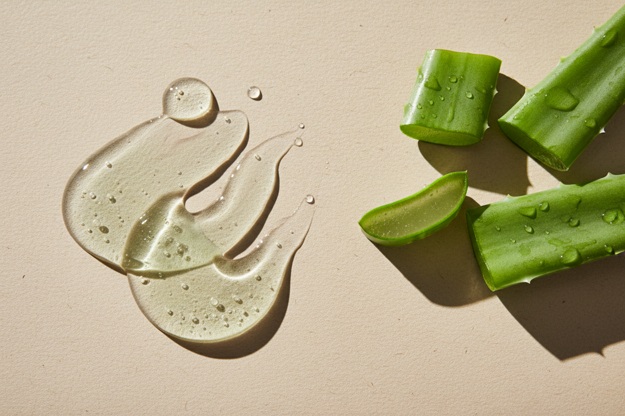 Maak een hyperrealistische studiofoto van aloë vera samen met een bijpassende cosmetische textuur (gel, serum, crème of olie). Plaats ingrediënt en substantie in een minimalistische flatlay op een zachte beige achtergrond met subtiele papiertextuur. Leg het natuurlijke ingrediënt (bijvoorbeeld bladeren, zaden, citrus, bloemen of extractvorm) rechts of links in beeld zacht, natuurlijk licht, realistische schaduwen en lichte imperfecties voor een echte, luxe skincare uitstraling. Geen tekst, geen branding.