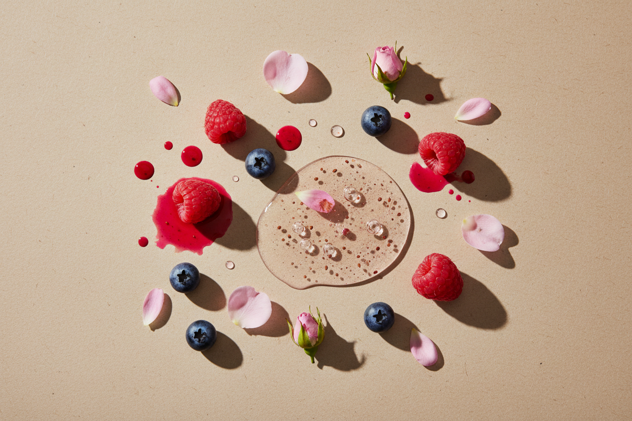 Maak een hyperrealistische studiofoto van bes- en bloemextracten samen met een bijpassende cosmetische textuur (gel, serum, crème of olie). Plaats ingrediënt en substantie in een minimalistische flatlay op een zachte beige achtergrond met subtiele papiertextuur. Gebruik zacht, natuurlijk licht, realistische schaduwen en lichte imperfecties voor een echte, luxe skincare uitstraling. Geen tekst, geen branding.