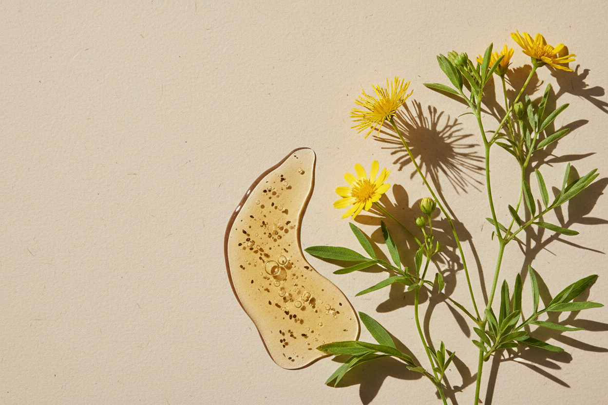 Maak een hyperrealistische studiofoto van bidens pilosa samen met een bijpassende cosmetische textuur (gel, serum, crème of olie). Plaats ingrediënt en substantie in een minimalistische flatlay op een zachte beige achtergrond met subtiele papiertextuur. Leg het natuurlijke ingrediënt (bijvoorbeeld bladeren, zaden, citrus, bloemen of extractvorm) rechts of links in beeld zacht, natuurlijk licht, realistische schaduwen en lichte imperfecties voor een echte, luxe skincare uitstraling.Geen tekst, geen branding.