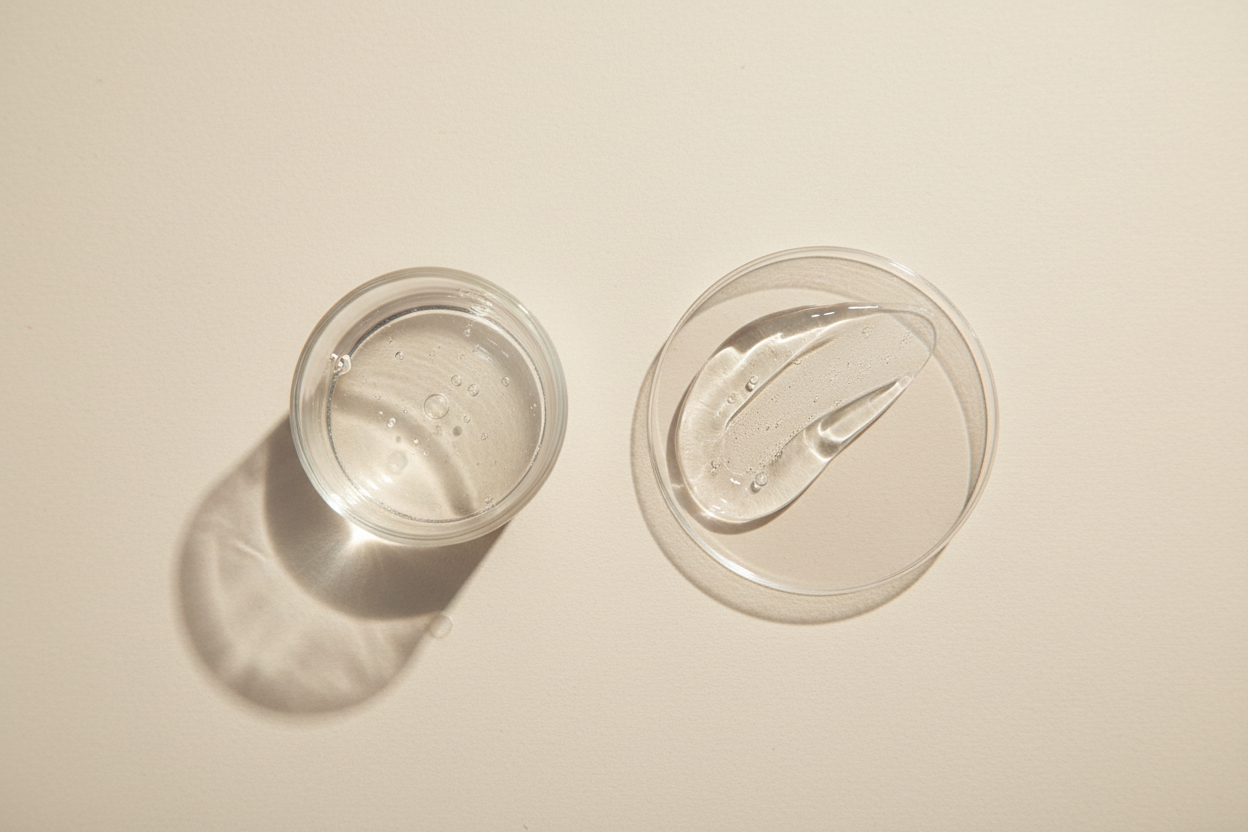 Maak een hyperrealistische studiofoto van glycerine samen met een bijpassende cosmetische textuur (gel, serum, crème of olie). Plaats ingrediënt en substantie in een minimalistische flatlay op een zachte beige achtergrond met subtiele papiertextuur. Gebruik zacht, natuurlijk licht, realistische schaduwen en lichte imperfecties voor een echte, luxe skincare uitstraling. Geen tekst, geen branding.