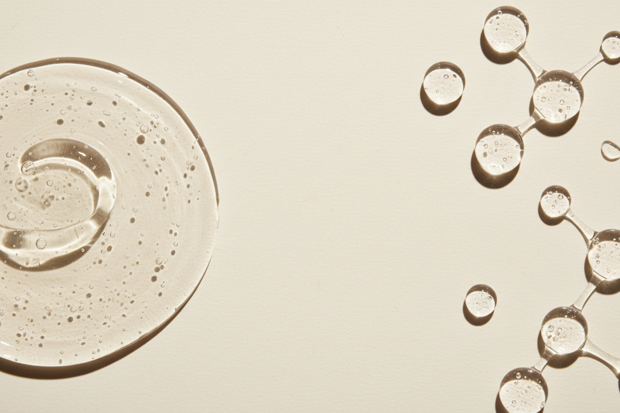 Maak een hyperrealistische studiofoto van hyaluronzuur samen met een bijpassende cosmetische textuur (gel, serum, crème of olie). Plaats ingrediënt en substantie in een minimalistische flatlay op een zachte beige achtergrond met subtiele papiertextuur. Leg het natuurlijke ingrediënt (bijvoorbeeld bladeren, zaden, citrus, bloemen of extractvorm) rechts of links in beeld zacht, natuurlijk licht, realistische schaduwen en lichte imperfecties voor een echte, luxe skincare uitstraling. Geen tekst, geen branding.