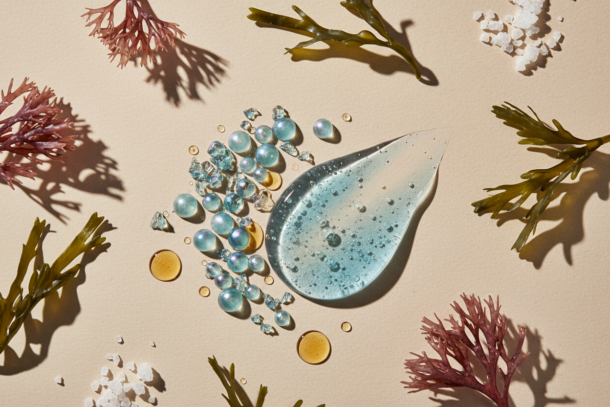 Maak een hyperrealistische studiofoto van innovatief marien actief samen met een bijpassende cosmetische textuur (gel, serum, crème of olie). Plaats ingrediënt en substantie in een minimalistische flatlay op een zachte beige achtergrond met subtiele papiertextuur. Gebruik zacht, natuurlijk licht, realistische schaduwen en lichte imperfecties voor een echte, luxe skincare uitstraling. Geen tekst, geen branding.