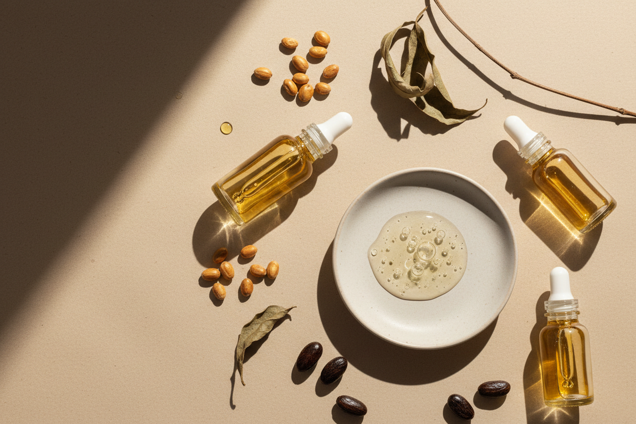 Maak een hyperrealistische studiofoto van jojoba-olie & castorolie samen met een bijpassende cosmetische textuur (gel, serum, crème of olie). Plaats ingrediënt en substantie in een minimalistische flatlay op een zachte beige achtergrond met subtiele papiertextuur. Gebruik zacht, natuurlijk licht, realistische schaduwen en lichte imperfecties voor een echte, luxe skincare uitstraling. Geen tekst, geen branding.