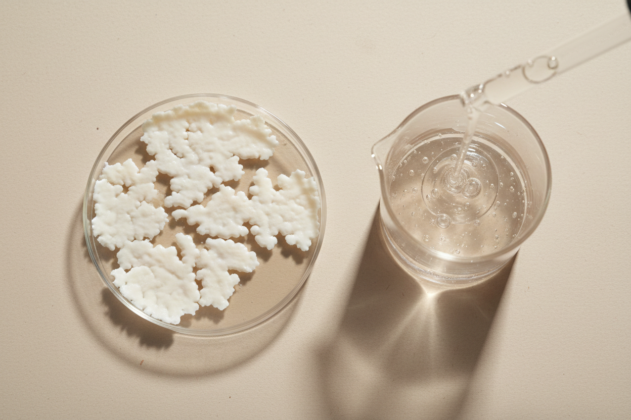 Maak een hyperrealistische studiofoto van lactobacillus samen met een bijpassende cosmetische textuur (gel, serum, crème of olie). Plaats ingrediënt en substantie in een minimalistische flatlay op een zachte beige achtergrond met subtiele papiertextuur. Gebruik zacht, natuurlijk licht, realistische schaduwen en lichte imperfecties voor een echte, luxe skincare uitstraling. Geen tekst, geen branding.