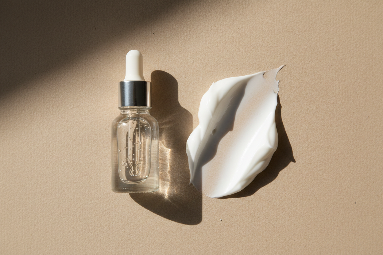 Maak een hyperrealistische studiofoto van melkzuur samen met een bijpassende cosmetische textuur (gel, serum, crème of olie). Plaats ingrediënt en substantie in een minimalistische flatlay op een zachte beige achtergrond met subtiele papiertextuur. Gebruik zacht, natuurlijk licht, realistische schaduwen en lichte imperfecties voor een echte, luxe skincare uitstraling. Geen tekst, geen branding.