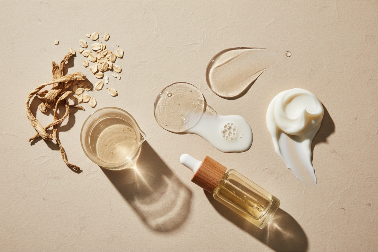 Maak een hyperrealistische studiofoto van prebiotica samen met een bijpassende cosmetische textuur (gel, serum, crème of olie). Plaats ingrediënt en substantie in een minimalistische flatlay op een zachte beige achtergrond met subtiele papiertextuur. Leg het natuurlijke ingrediënt (bijvoorbeeld bladeren, zaden, citrus, bloemen of extractvorm) rechts of links in beeld zacht, natuurlijk licht, realistische schaduwen en lichte imperfecties voor een echte, luxe skincare uitstraling. Geen tekst!, geen branding.