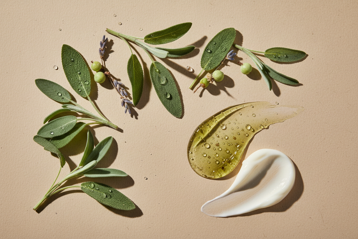 Maak een hyperrealistische studiofoto van salieblad extract samen met een bijpassende cosmetische textuur (gel, serum, crème of olie). Plaats ingrediënt en substantie in een minimalistische flatlay op een zachte beige achtergrond met subtiele papiertextuur. Gebruik zacht, natuurlijk licht, realistische schaduwen en lichte imperfecties voor een echte, luxe skincare uitstraling. Geen tekst, geen branding.