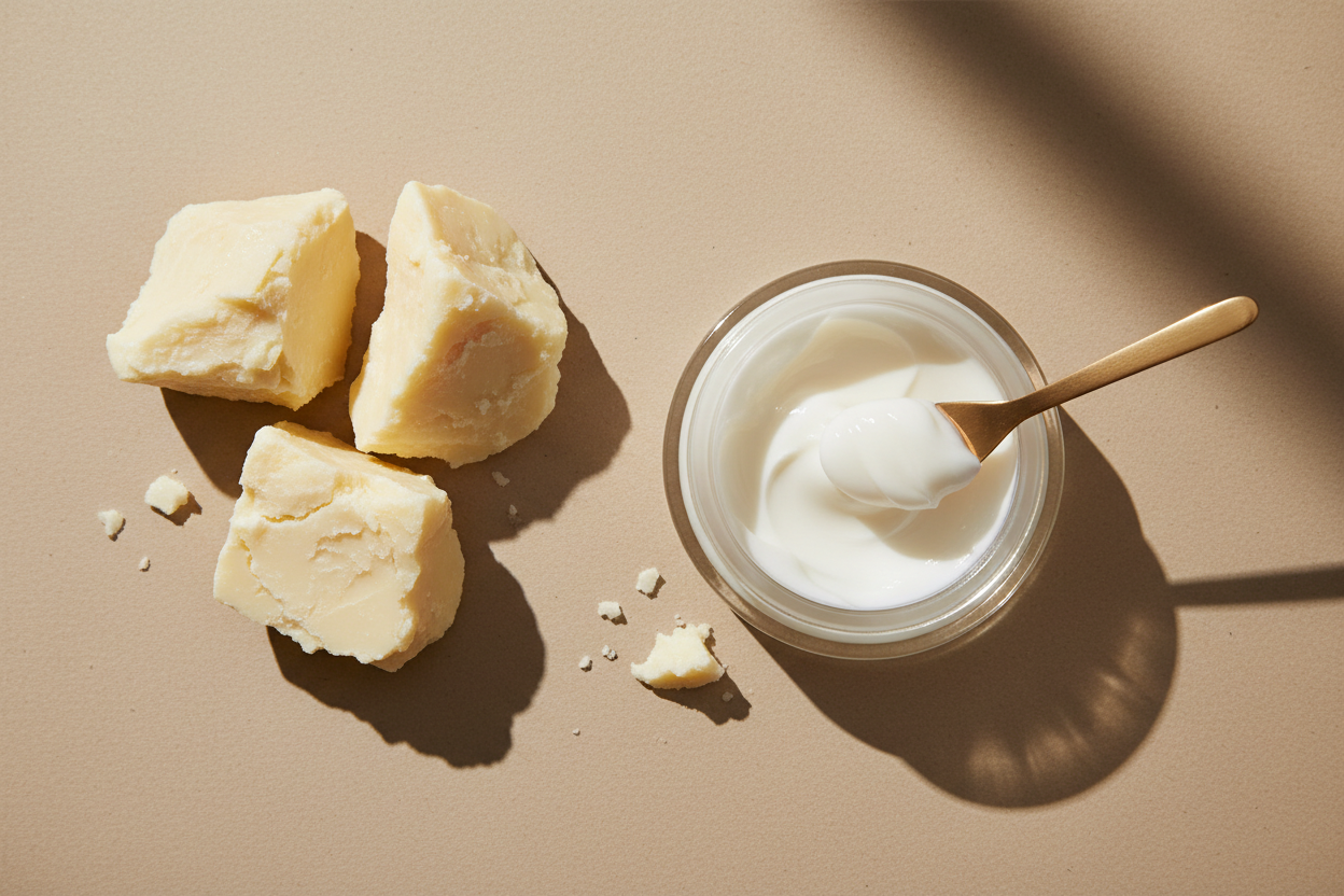 Maak een hyperrealistische studiofoto van shea butter samen met een bijpassende cosmetische textuur (gel, serum, crème of olie). Plaats ingrediënt en substantie in een minimalistische flatlay op een zachte beige achtergrond met subtiele papiertextuur. Gebruik zacht, natuurlijk licht, realistische schaduwen en lichte imperfecties voor een echte, luxe skincare uitstraling. Geen tekst, geen branding.