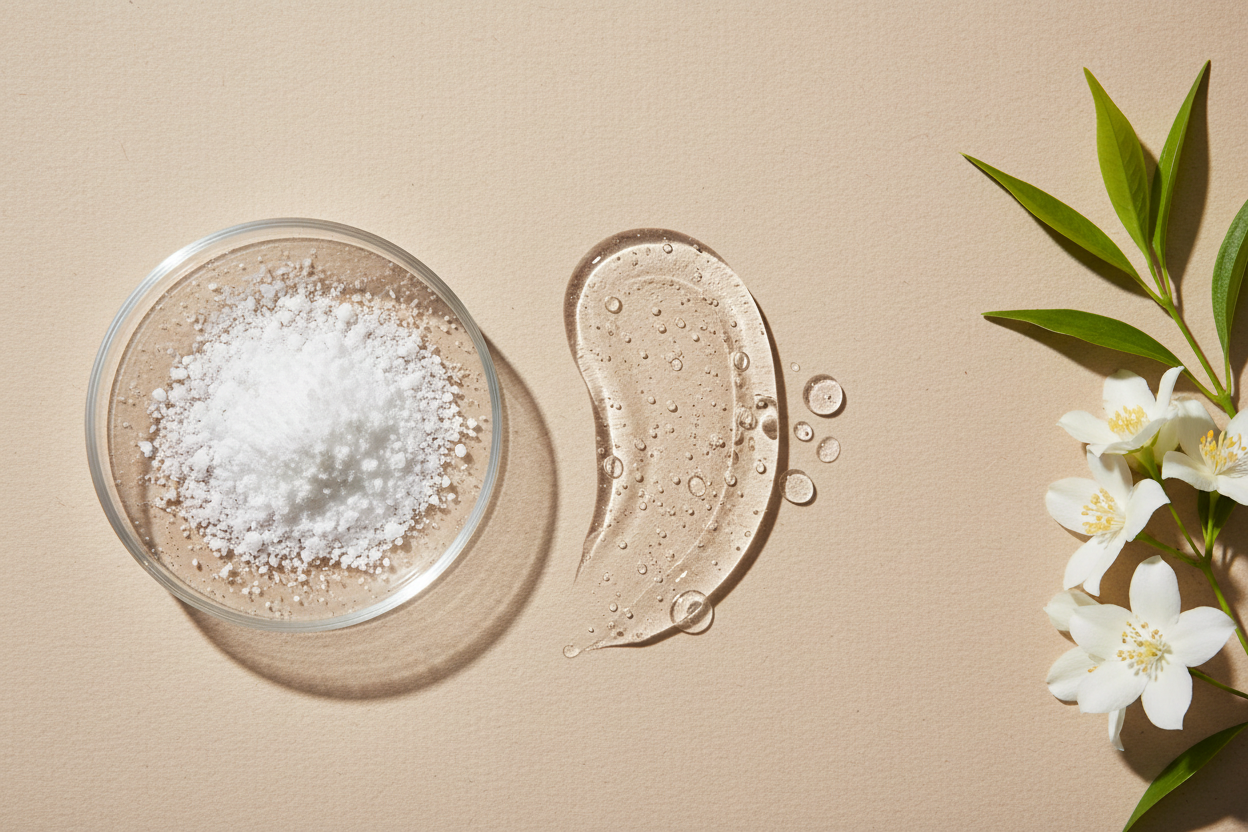 Maak een hyperrealistische studiofoto van sodium pca samen met een bijpassende cosmetische textuur (gel, serum, crème of olie). Plaats ingrediënt en substantie in een minimalistische flatlay op een zachte beige achtergrond met subtiele papiertextuur. Leg het natuurlijke ingrediënt (bijvoorbeeld bladeren, zaden, citrus, bloemen of extractvorm) rechts of links in beeld zacht, natuurlijk licht, realistische schaduwen en lichte imperfecties voor een echte, luxe skincare uitstraling. Geen tekst, geen branding.