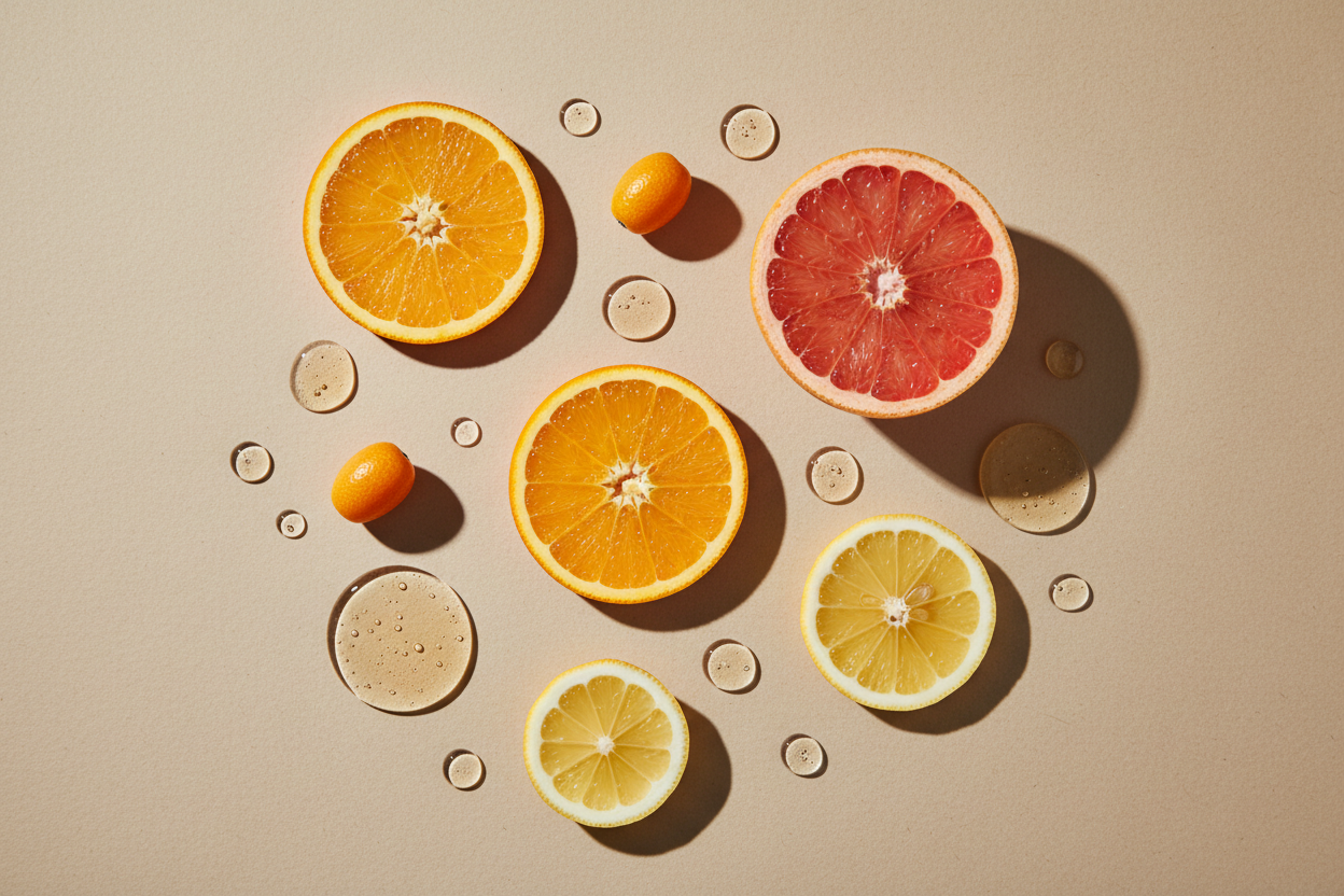 Maak een hyperrealistische studiofoto van vitamine c samen met een bijpassende cosmetische textuur (gel, serum, crème of olie). Plaats ingrediënt en substantie in een minimalistische flatlay op een zachte beige achtergrond met subtiele papiertextuur. Gebruik zacht, natuurlijk licht, realistische schaduwen en lichte imperfecties voor een echte, luxe skincare uitstraling. Geen tekst, geen branding.