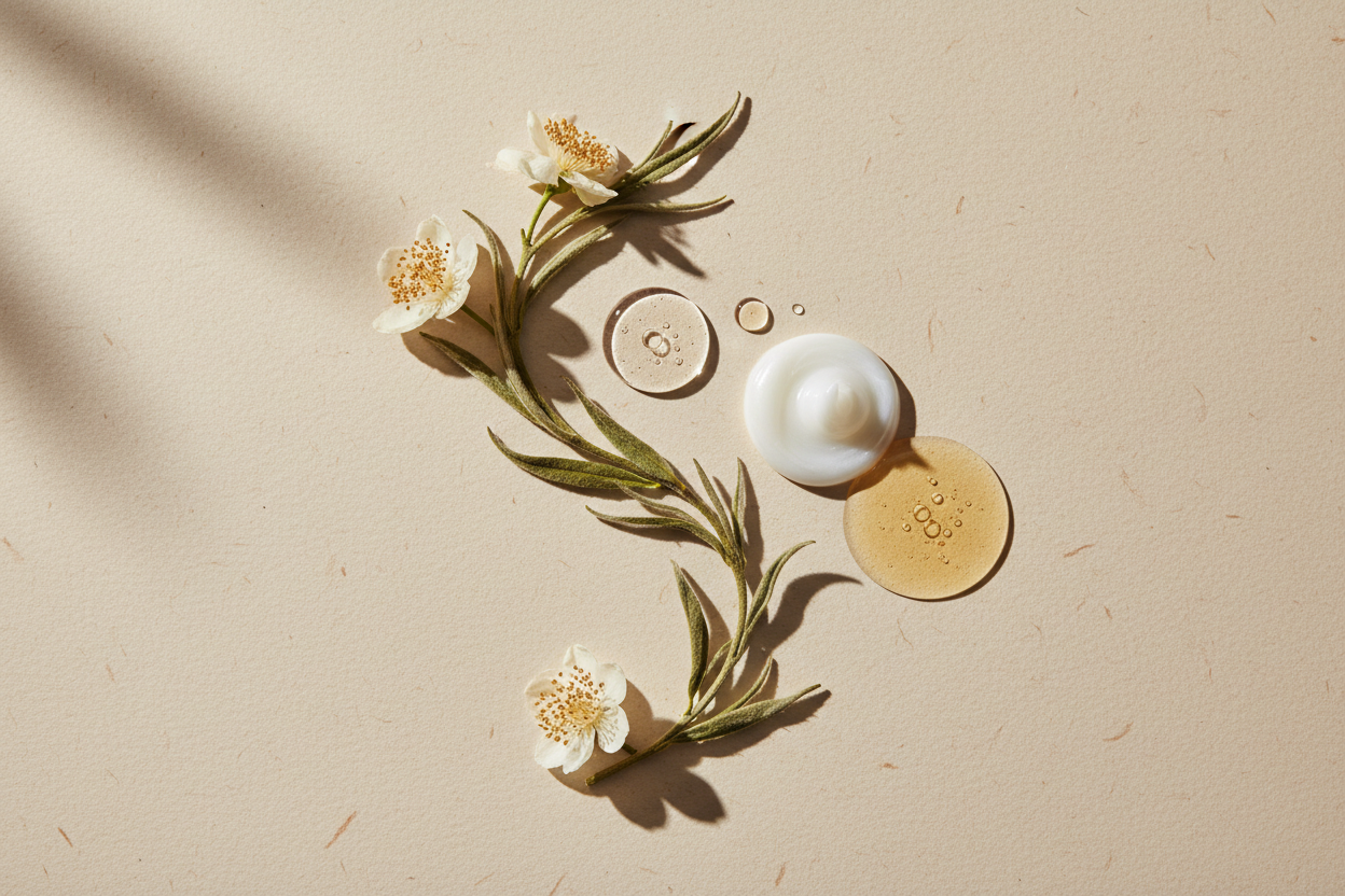 Maak een hyperrealistische studiofoto van witte thee extract samen met een bijpassende cosmetische textuur (gel, serum, crème of olie). Plaats ingrediënt en substantie in een minimalistische flatlay op een zachte beige achtergrond met subtiele papiertextuur. Gebruik zacht, natuurlijk licht, realistische schaduwen en lichte imperfecties voor een echte, luxe skincare uitstraling. Geen tekst, geen branding.